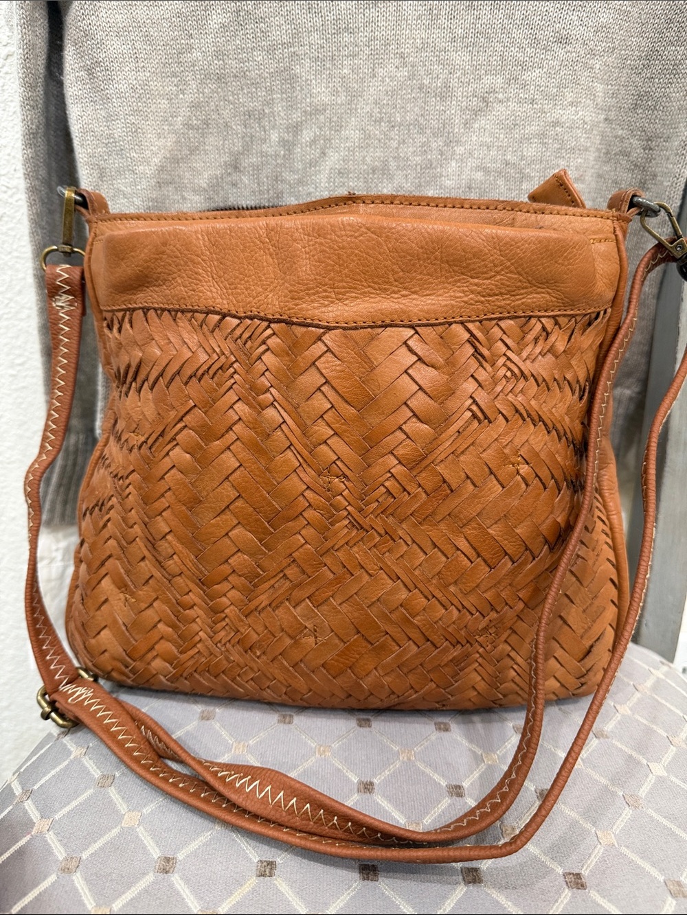 Genuine Leather Cognac Woven Crossbody Bag Boho Adjustable Strap